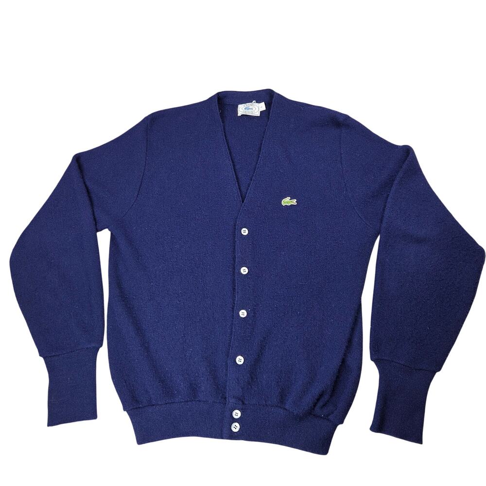IZOD Lacoste Vintage Cardigan Sweater Men's L USA Orlon Acrylic V-Neck Blue